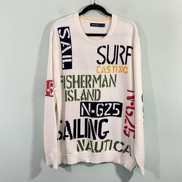 Nautica Men's White & Multicolor Intarsia Sailing Knit Sweater Size XL - Picture 1 of 8